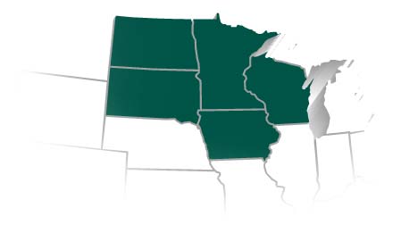 当社のサービスエリアを示す米国の地図 - ミネソタ州、ノースダコタ州、サウスダコタ州、アイオワ州、ウィスコンシン州